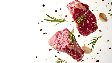 Two raw beef steaks with rosemary and garlic