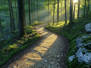 Obraz premium Sunny forest path winding through trees