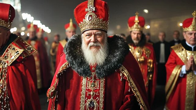 Majestic procession featuring robed figures in ornate red garments during a nighttime festival celebration in a historical city square