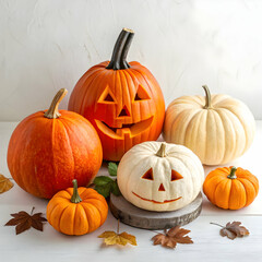Various pumpkins on table