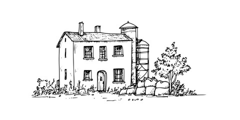 rural house with grain silo doodle sketch vector illustration