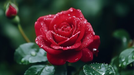 Dew-Kissed Red Rose in a Lush Garden AI Generated
