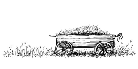 wooden cart loaded with hay or straw doodle sketch vector illustration © Kaz