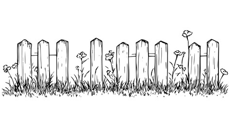 wooden picket fence in the countryside doodle sketch vector illustration