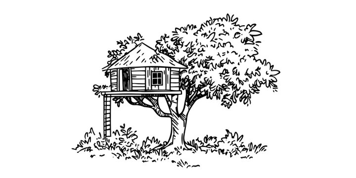 wooden treehouse doodle sketch vector illustration