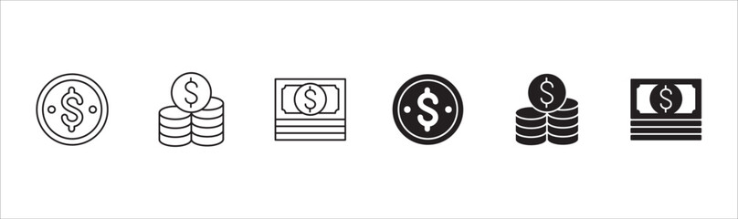 Obraz premium Money business icon set. Cash wealth icons. Company asset symbol. Icon set contains cash, balance, finance, fund, coin, paper money, digital financial, payment. Vector stock illustration.