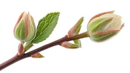 Branch featuring blooming buds and single leaf on a clean, white background