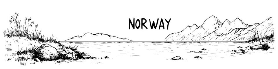 norwegian fjord landscape sketch doodle vector illustration engraving vintage nature scenery