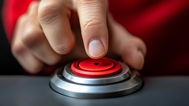 Close up finger pressing a red button