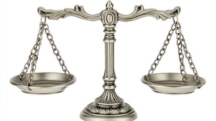 Metal scales of justice stand poised on white, embodying balance and fairness