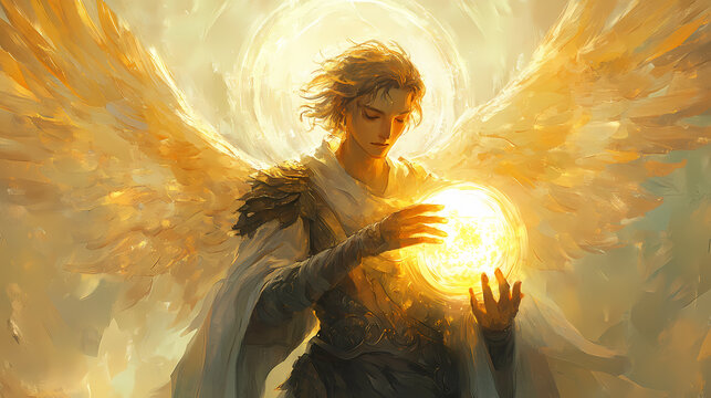 A serene illustration of archangel uriel holding glowing orb, radiating warmth and light. Elysian Radiance. Illustration