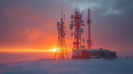 Sunrise over mountaintop communication towers