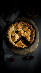 Cherry pie with flaky crust styled in rustic dish on wooden background