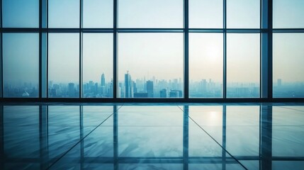 Fototapeta premium Modern building's vast window view overlooking city during daytime