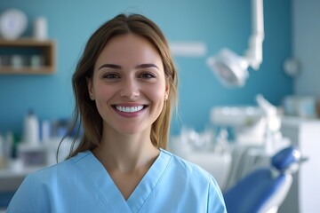 Female dentist smiles confidently in dental office with equipment in background