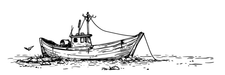 fishing boat wreck on shore doodle sketch vector illustration
