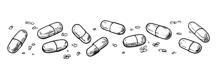 scattered medical pills and capsules hand drawn doodle black vector sketch