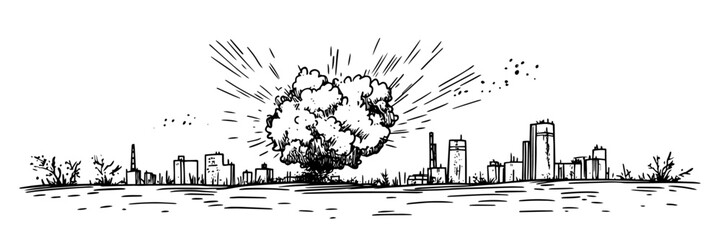 city explosion with smoke hand drawn doodle black vector sketch