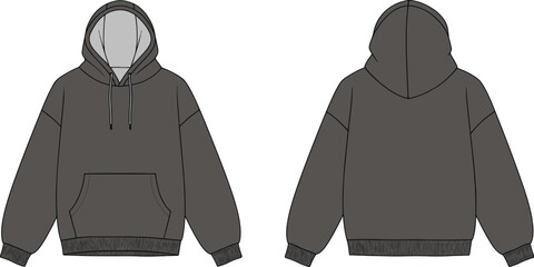 Sleek Grey Hoodie: Front and Back Oversized Hoodie Vector Template , Mockup © GraphicGalaxy