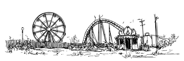 abandoned ruined post-apocalyptic amusement park hand drawn doodle black vector sketch © Kaz