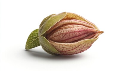 Bud unfurling showing reddish veined petals, green leaves on white background