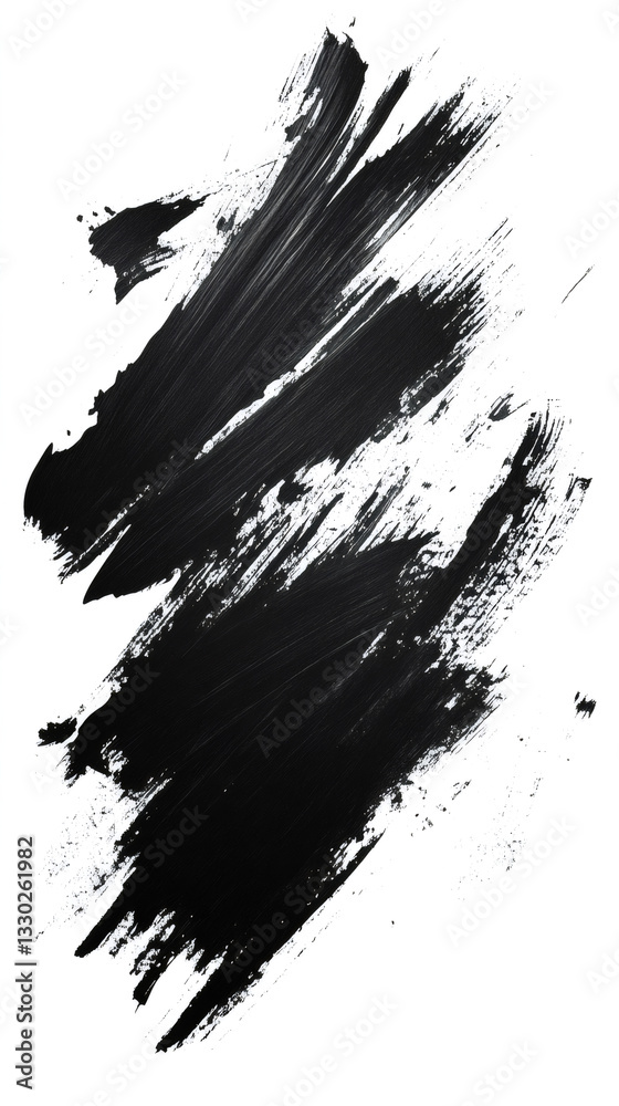 Poster Black brush strokes creating an abstract shape on a white background, ideal for backgrounds and textures