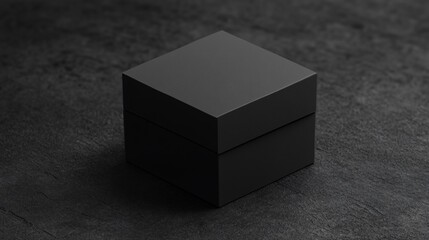 Minimalistic black cube box on a textured dark gray surface, centered