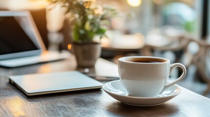 Warm coffee cup on wooden table with notebook and plant in cozy cafe setting during afternoon