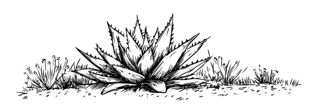 agave plant in desert hand drawn doodle black vector sketch