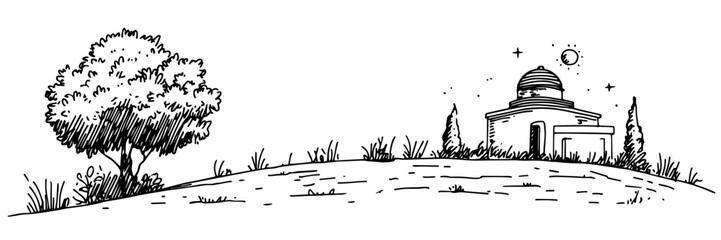 small observatory on hill hand drawn doodle black vector sketch