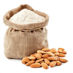 A heap of wheat and almonds in burlap sacks and bags