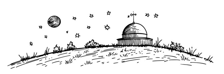 astronomical observatory under night sky hand drawn doodle black vector sketch