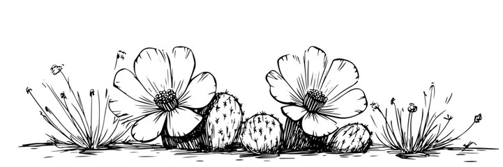 blooming cactus flowers hand drawn doodle black vector sketch © Kaz