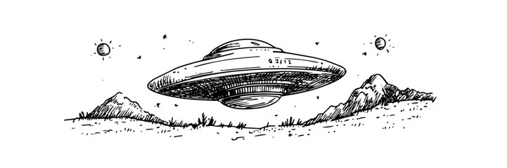 ufo flying over landscape hand drawn doodle black vector sketch
