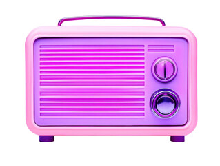 Retro radio in pink and purple color scheme on display on a transparent background, cut out