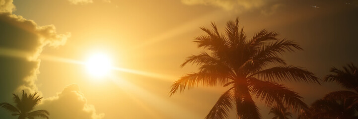 Silhouette of palm trees against a tropical sunset over the ocean, this image best for cover photo and web website banner or social media Ad Banner