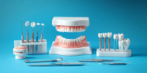 toothbrush with toothpaste Dental model with dental instruments on blue background
