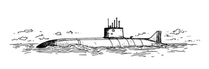 military submarine on water hand drawn doodle black vector sketch