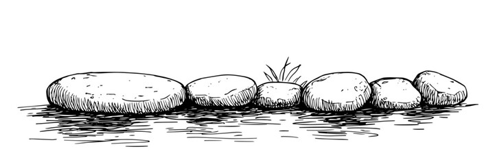 river stones in water hand drawn doodle black vector sketch © Kaz