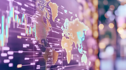 Futuristic digital world map with financial charts and data overlays, representing global economy and market analytics
