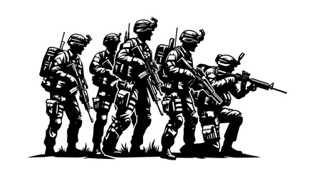 military squad moving in formation, black silhouette shape vector