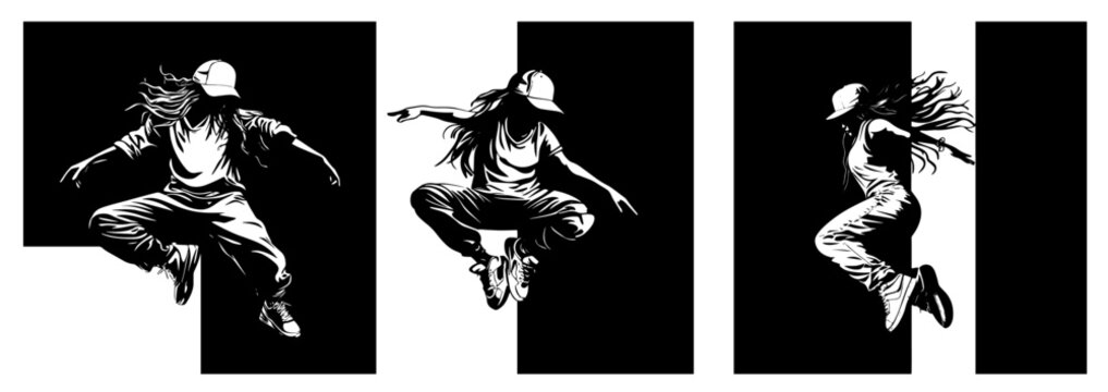 hip hop dancers in dynamic jumps, black silhouette shape vector