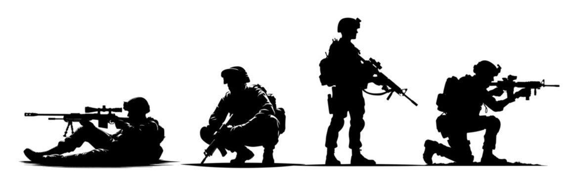 soldiers in combat positions with rifles, black silhouette shape vector