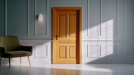 Sunlit Wooden Door in a Calm Interior: 3D Render AI Generated
