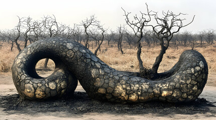 Twisted, blackened sculpture in a barren landscape