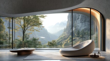 Fototapeta premium Futuristic home with a curved armchair, massive glass window revealing a serene mountain landscape
