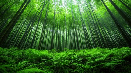 Lush bamboo forest canopy with fern ground cover, a vibrant natural environment