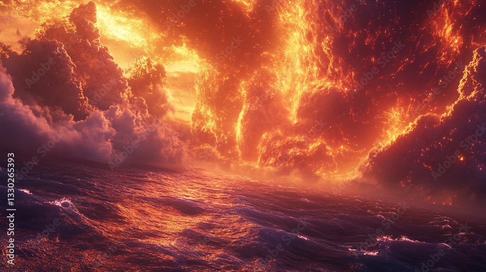Poster fiery orange cloudscape over dark ocean waves, creating a dramatic and intense scene, showcasing pow