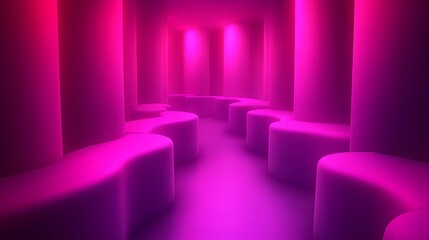 Obraz premium Illuminated pink hallway design with curved seating arrangement and ambiance