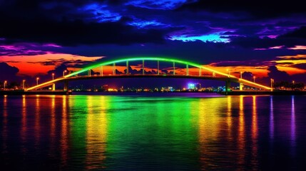 Naklejka premium Spectacular illuminated bridge at twilight mirrored in the tranquil river water